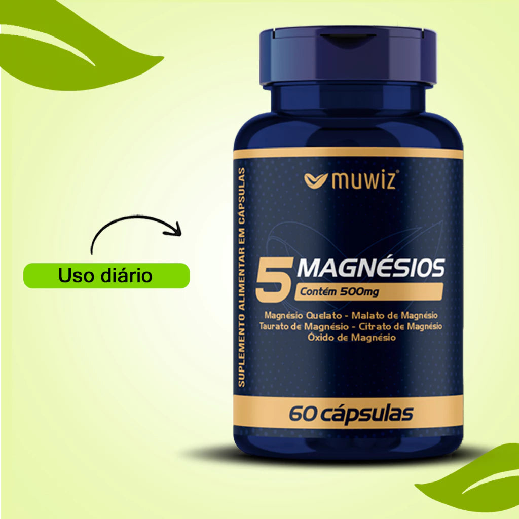 5 Magnésios 500mg 60 Cápsulas C/ Quelato, Malato, Taurato, Citrato e Óxido