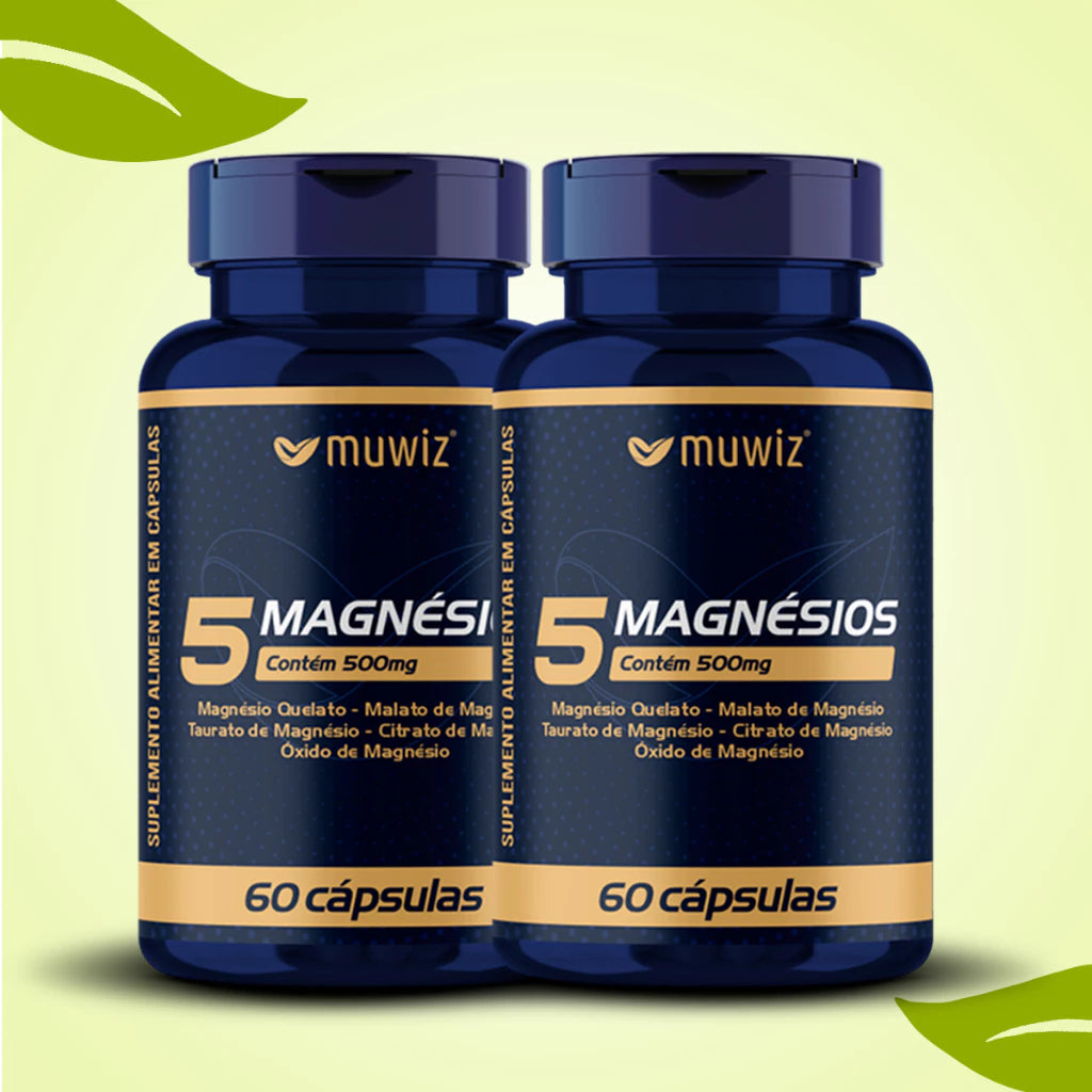 5 Magnésios 500mg 60 Cápsulas C/ Quelato, Malato, Taurato, Citrato e Óxido