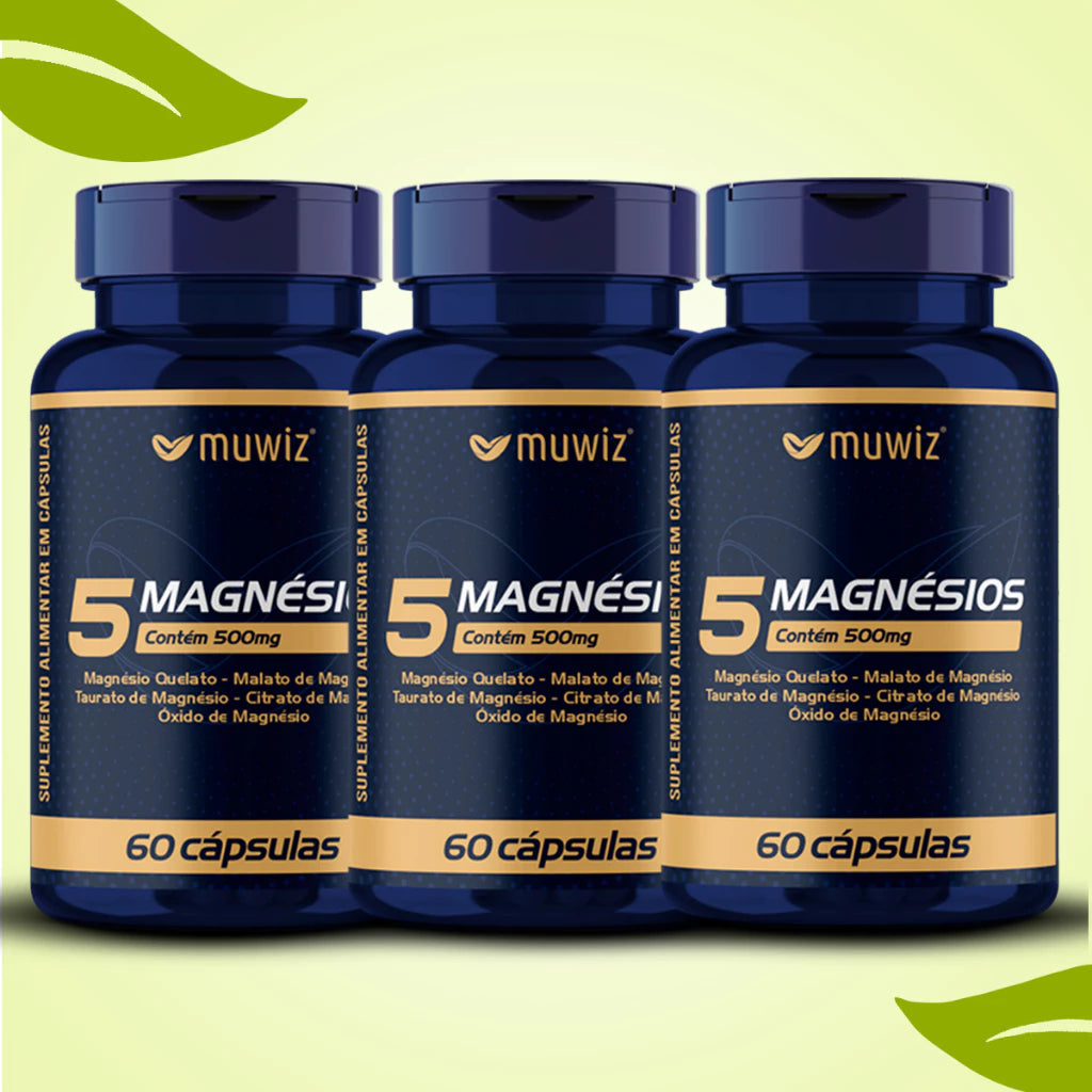 5 Magnésios 500mg 60 Cápsulas C/ Quelato, Malato, Taurato, Citrato e Óxido