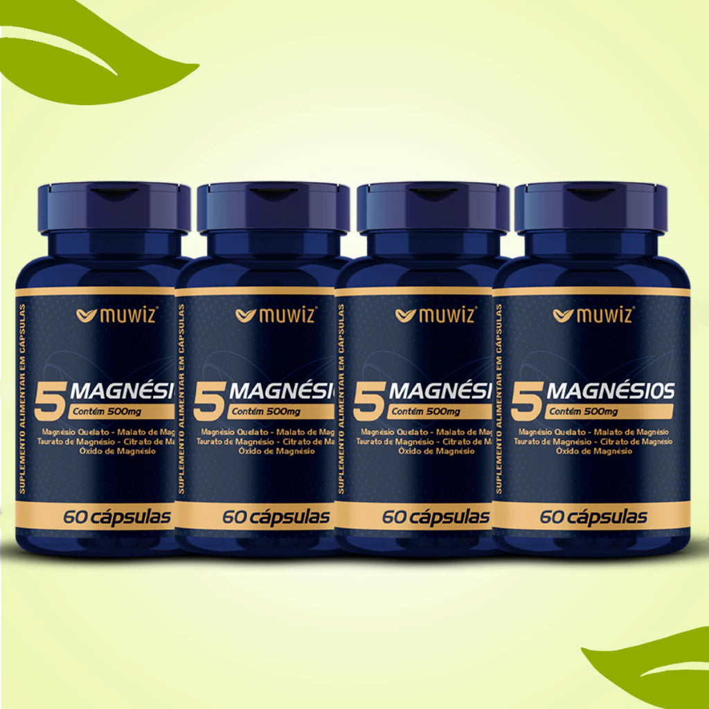 5 Magnésios 500mg 60 Cápsulas C/ Quelato, Malato, Taurato, Citrato e Óxido