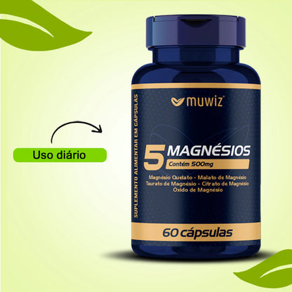 5 Magnésios 500mg 60 Cápsulas C/ Quelato, Malato, Taurato, Citrato e Óxido