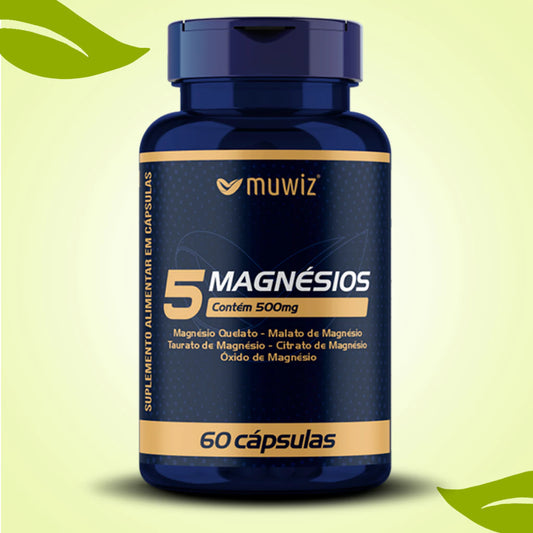 5 Magnésios 500mg 60 Cápsulas C/ Quelato, Malato, Taurato, Citrato e Óxido
