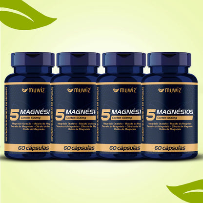 5 Magnésios 500mg 60 Cápsulas C/ Quelato, Malato, Taurato, Citrato e Óxido
